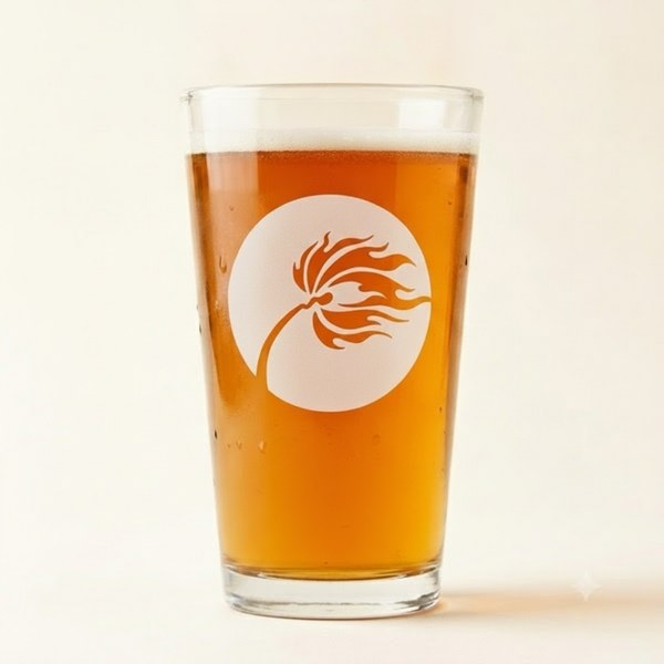 Pint glass of amber ale with frosted etched palm-flame mark