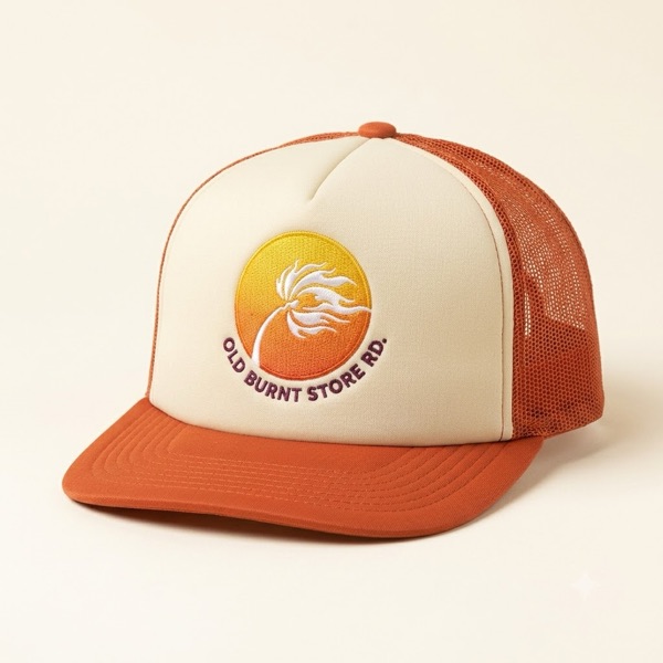 Cream and burnt-orange trucker hat with embroidered sunset palm-flame patch reading Old Burnt Store Rd.