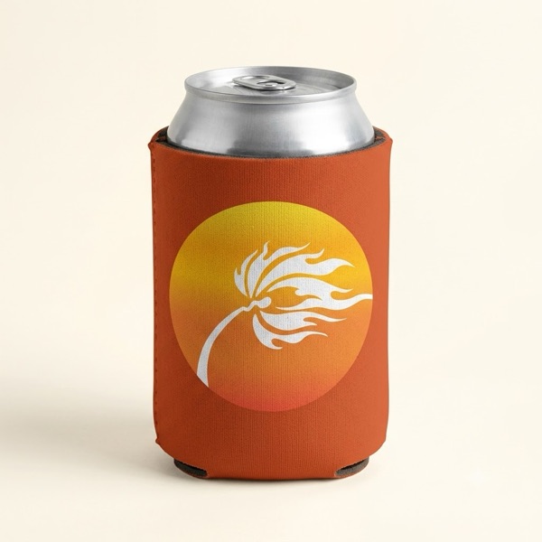 Burnt-orange can koozie with full-color sunset palm-flame logo
